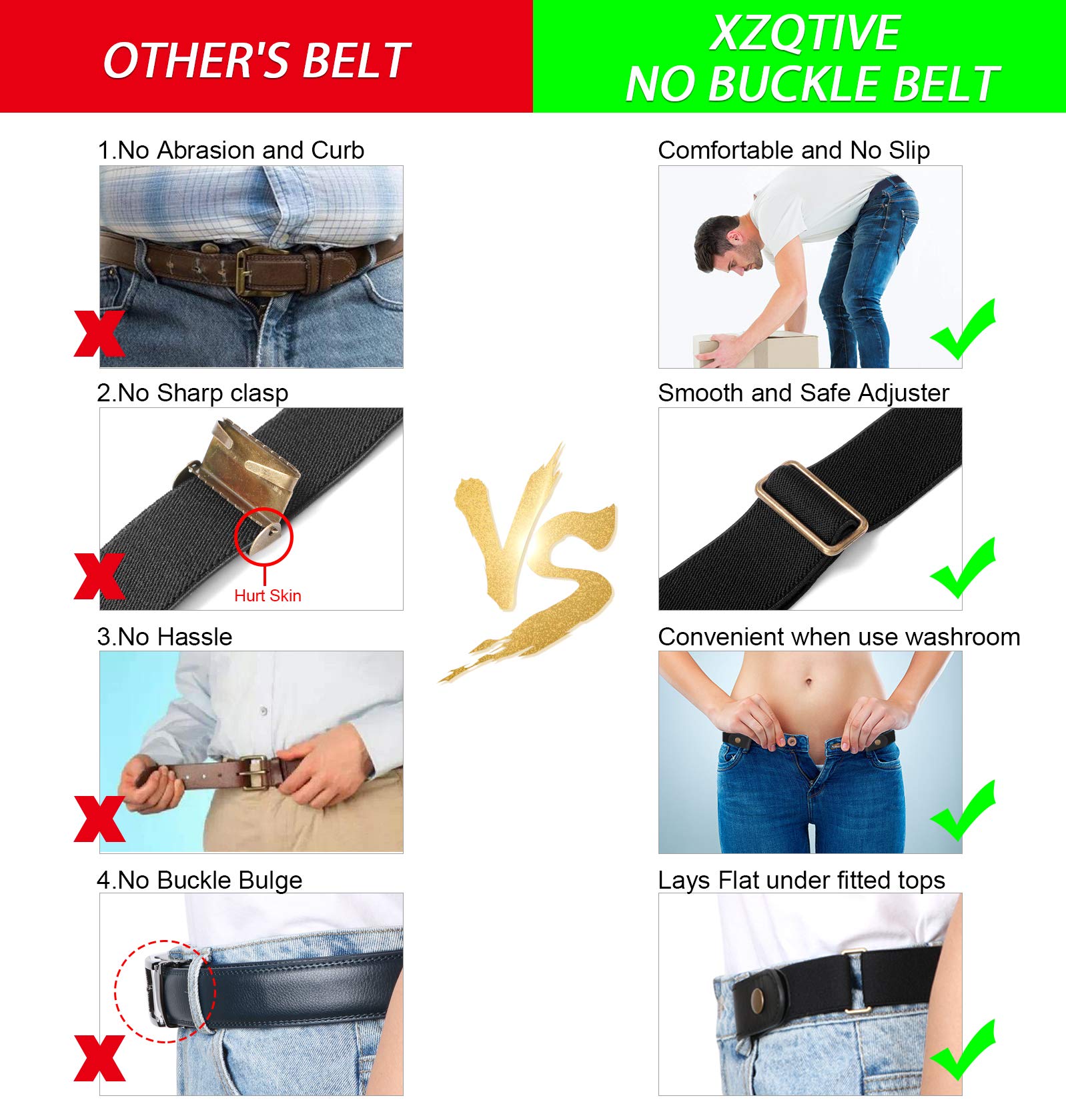 XZQTIVE 6 Pieces No Buckle Stretch Belt for Women Men, Buckless Belt Comfortable Invisible Elastic Belt for Jeans Pants Dresses, No Bulge No Hassle, Fit Waist Size 36-50in