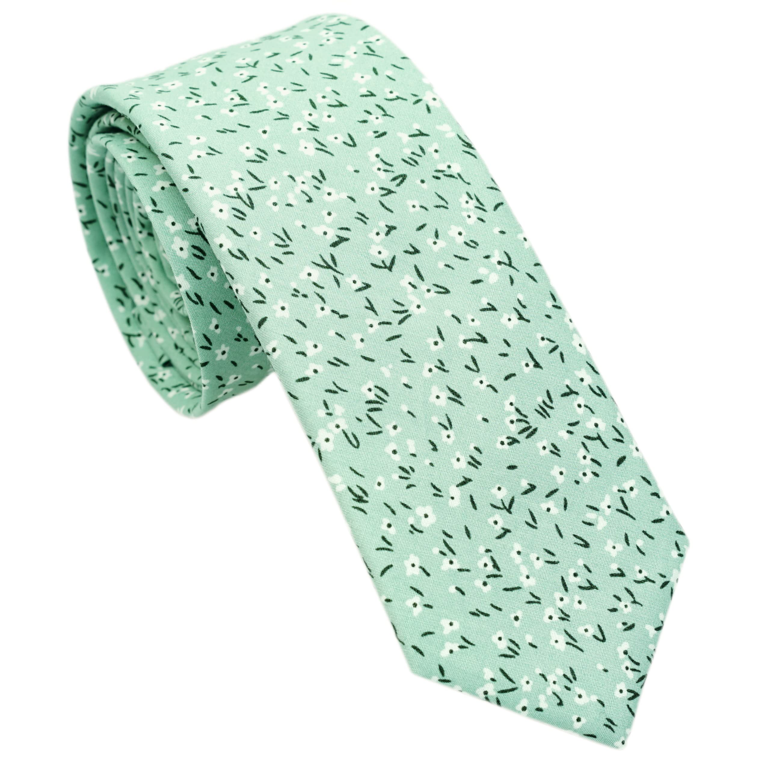 ZENXUS Mens Cotton Skinny Floral Light Sage Tie Combo Set with Pocket Square