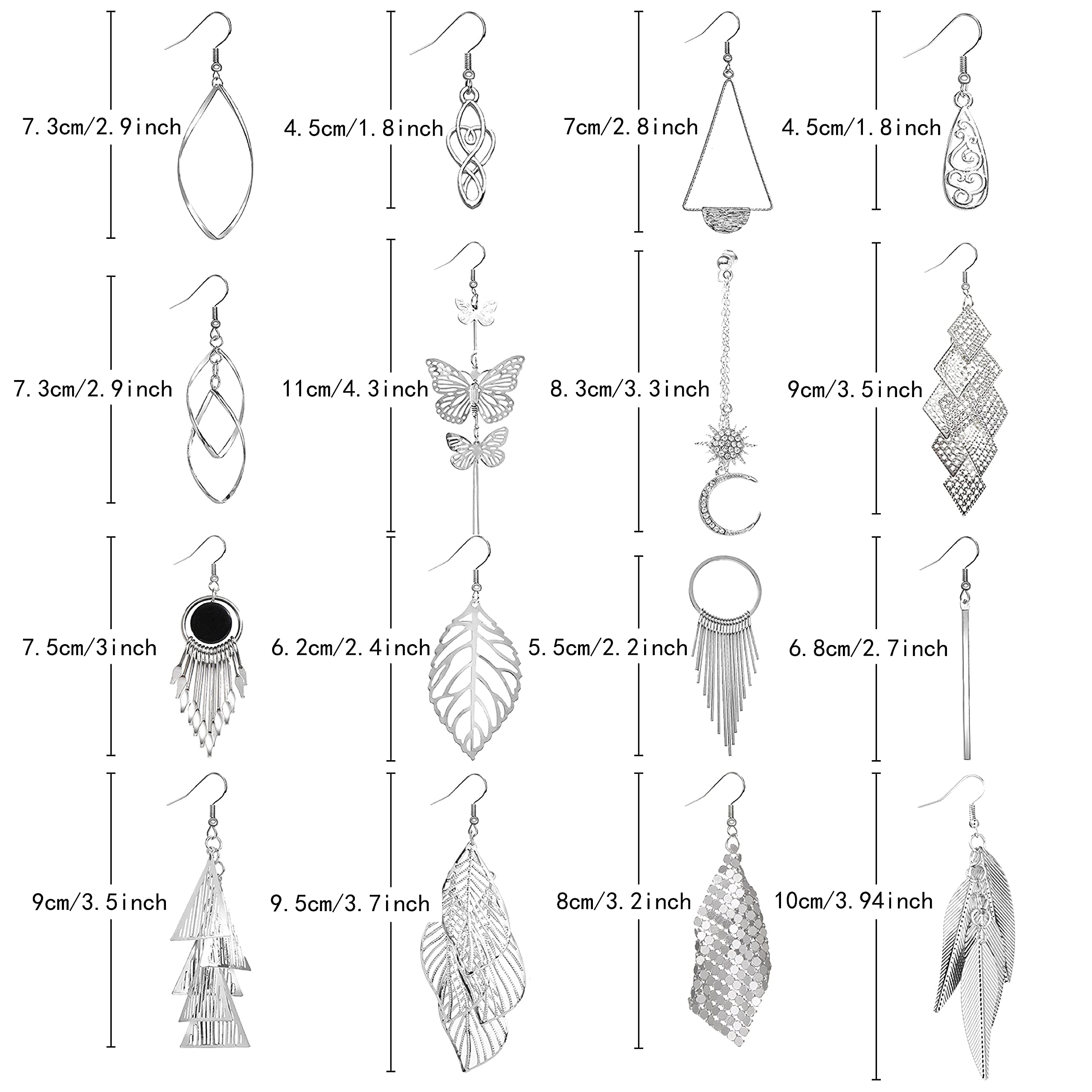 Dangle Earrings for Women, Funtopia 16 Pairs Statement Earrings Butterfly Moon Earring Sets Boho Fashion Jewelry for Birthday Party Wedding, Silver Color