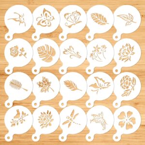 konsait 20 pack cake stencil templates decoration, reusable cake cookies baking painting journal mold tools, dessert, coffee decorating leaves butterfly flowers bird dragonfly for diy craft decor