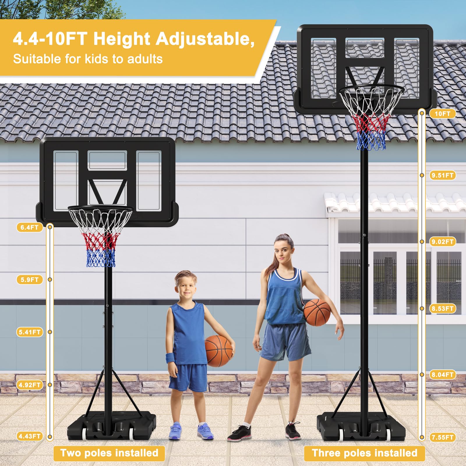 Dripex Basketball Hoop Outdoor 10FT Adjustable Height Goal, Portable Basketball System with 44” Shatterproof Backboard for Adults Teenagers Kids