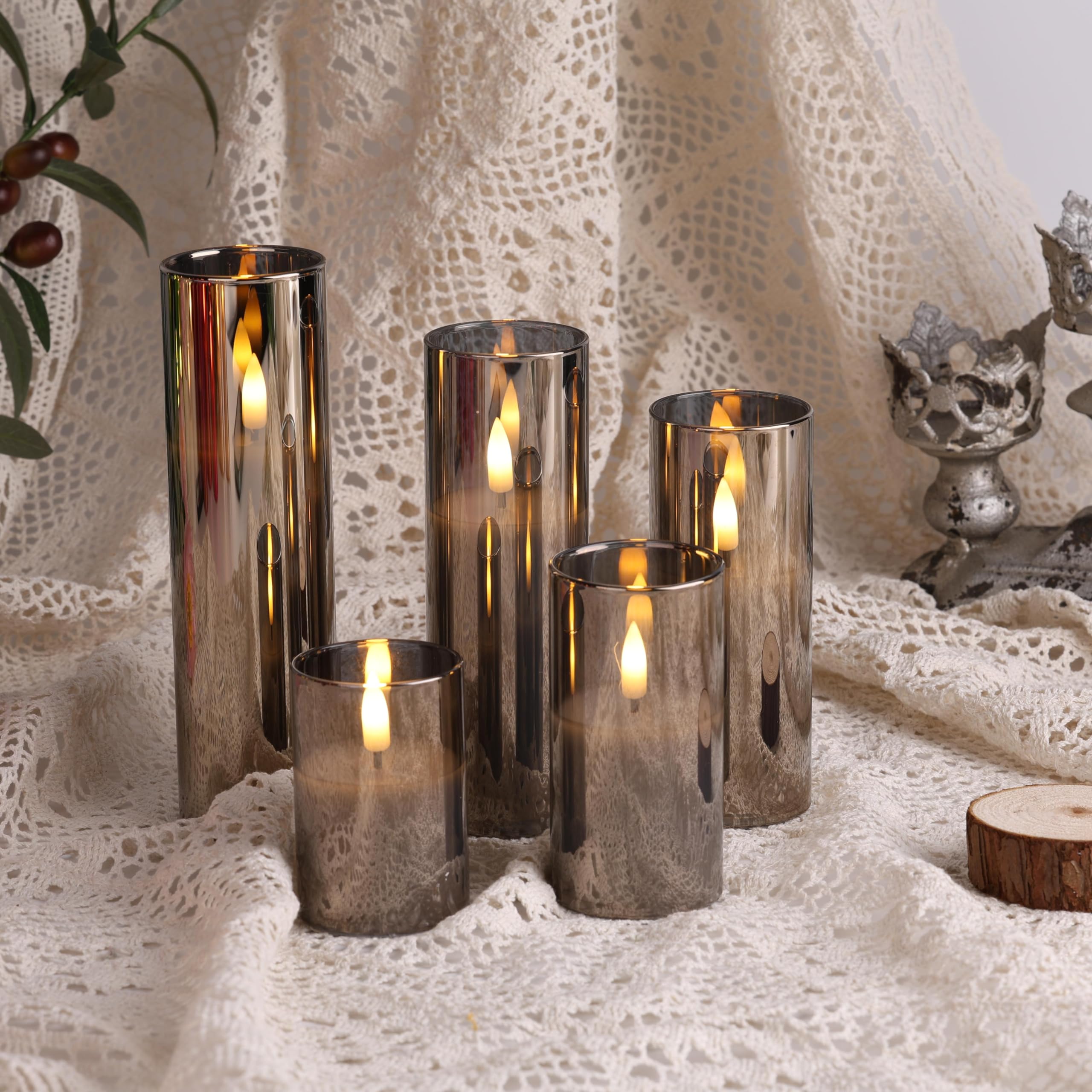 Eywamage 5 Pack Grey Glass Flameless Candles with Remote, Flickering Slim Tall LED Pillar Votive Candles Battery Included