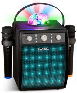 masingo karaoke machine for adults and kids with 2 wireless microphones, portable singing pa speaker system set with 2 bluetooth mics, disco ball party lights & tv cable, ostinato m7