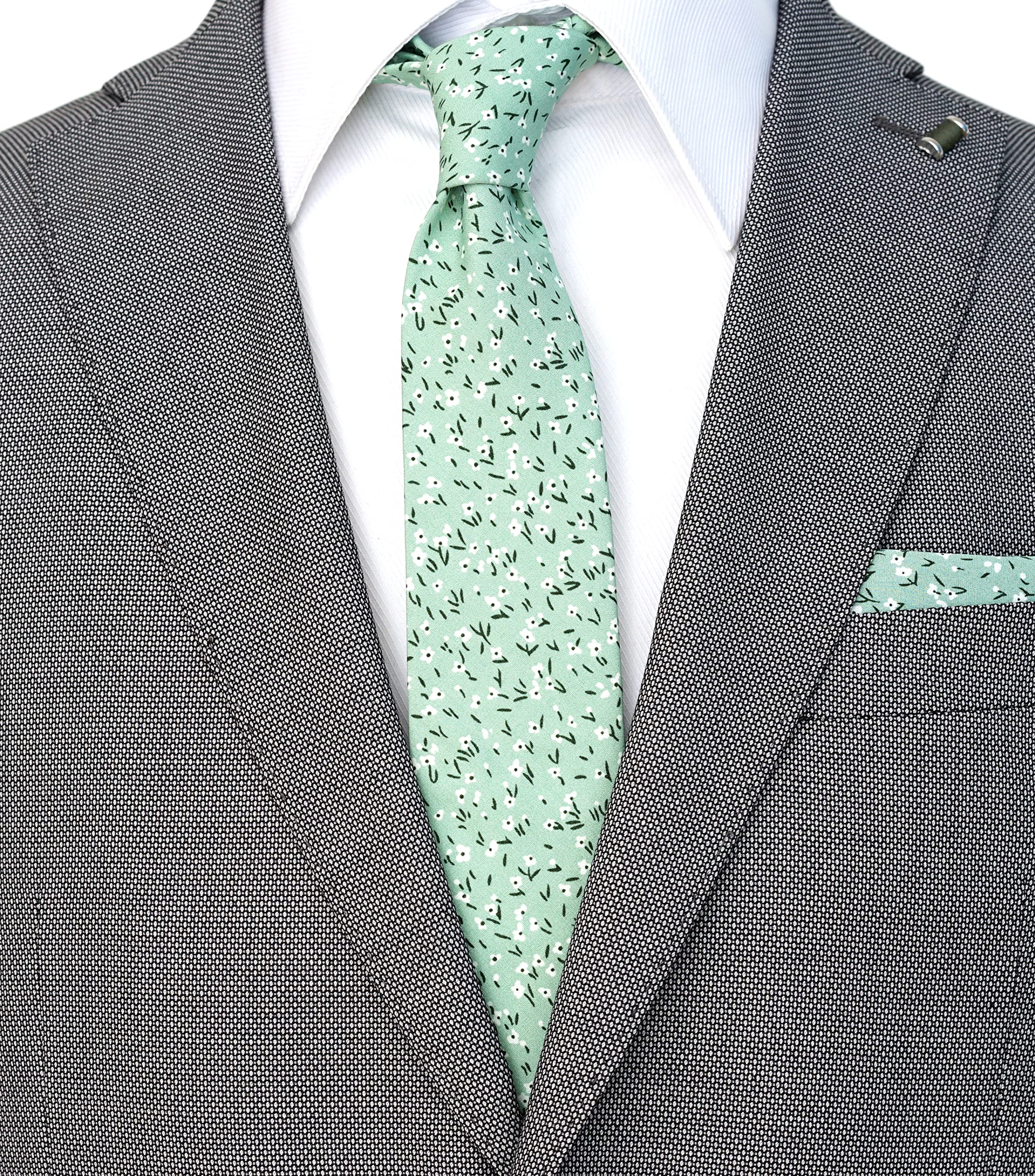 ZENXUS Mens Cotton Skinny Floral Light Sage Tie Combo Set with Pocket Square