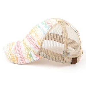 C.C Washed Distressed Cotton Denim Ponytail Hat Adjustable Baseball Cap (BT-929) (A Aztec Patten/Ivory)