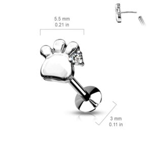 Pierced Owl 16-20GA Stainless Steel Threadless Push-in CZ Crystal Paw Print Flat Back Labret Monroe Lip Cartilage Helix Nose Ear Lobe Barbell Stud (Silver Tone, 20GA / 6mm)