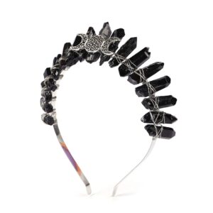 Bubbmi Black Raw Crystal Tiara Crown Headband, Natural Quartz Moon Goddess Witch Headpiece for Wiccan Cosplay Party Headwear