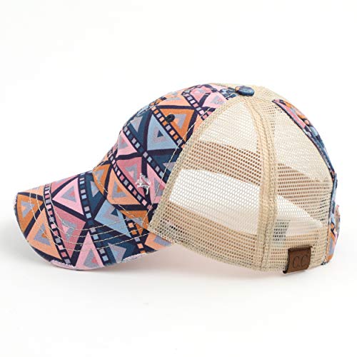 C.C Washed Distressed Cotton Denim Ponytail Hat Adjustable Baseball Cap (BT-929) (A Aztec Patten/Mauve)