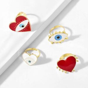 Caiyao 1/4Pcs Drop Oil Heart Evil Eye Enamel Ring Statement Peach Big Love Blue Eye Bless Ring Inspirational Turkish Hamsa Adjustable Open for Women Charm Protection Jewelry-D white