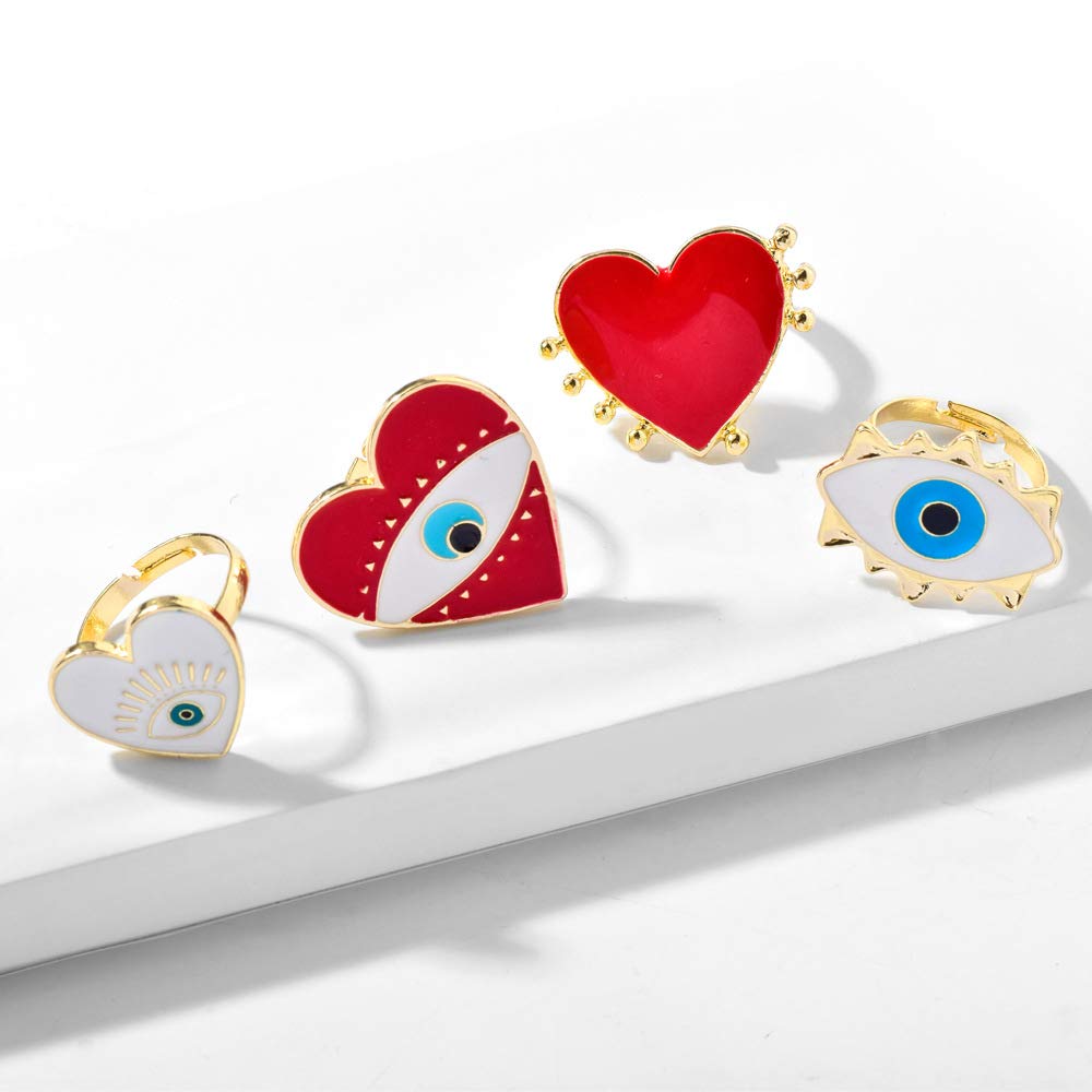 Caiyao 1/4Pcs Drop Oil Heart Evil Eye Enamel Ring Statement Peach Big Love Blue Eye Bless Ring Inspirational Turkish Hamsa Adjustable Open for Women Charm Protection Jewelry-D white