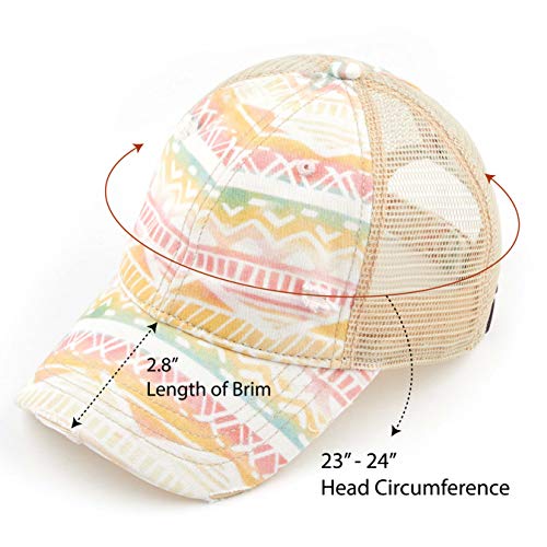 C.C Washed Distressed Cotton Denim Ponytail Hat Adjustable Baseball Cap (BT-929) (A Aztec Patten/Ivory)