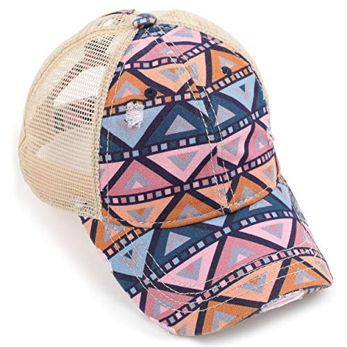 C.C Washed Distressed Cotton Denim Ponytail Hat Adjustable Baseball Cap (BT-929) (A Aztec Patten/Mauve)