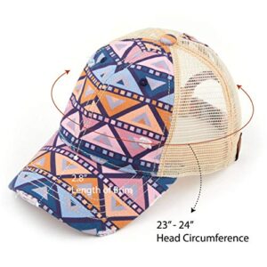 C.C Washed Distressed Cotton Denim Ponytail Hat Adjustable Baseball Cap (BT-929) (A Aztec Patten/Mauve)