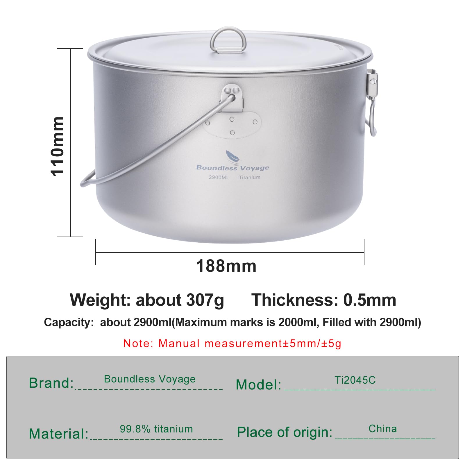 Boundless Voyage Titanium Hanging Pot for Outdoor Camping Backpacking Hiking Ultralight Portable Cooking Pot Camp Kitchen Cookware 1300ML/1950ML/2900ML (2900ml (98 fl oz))