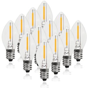 c7 led night light bulbs, 0.6watt equivalent to 7w, e12 candelabra small base, edison led light bulbs, 2700k warm white, clear plastic, outdoor string lights, 12 pack, non-dimmable