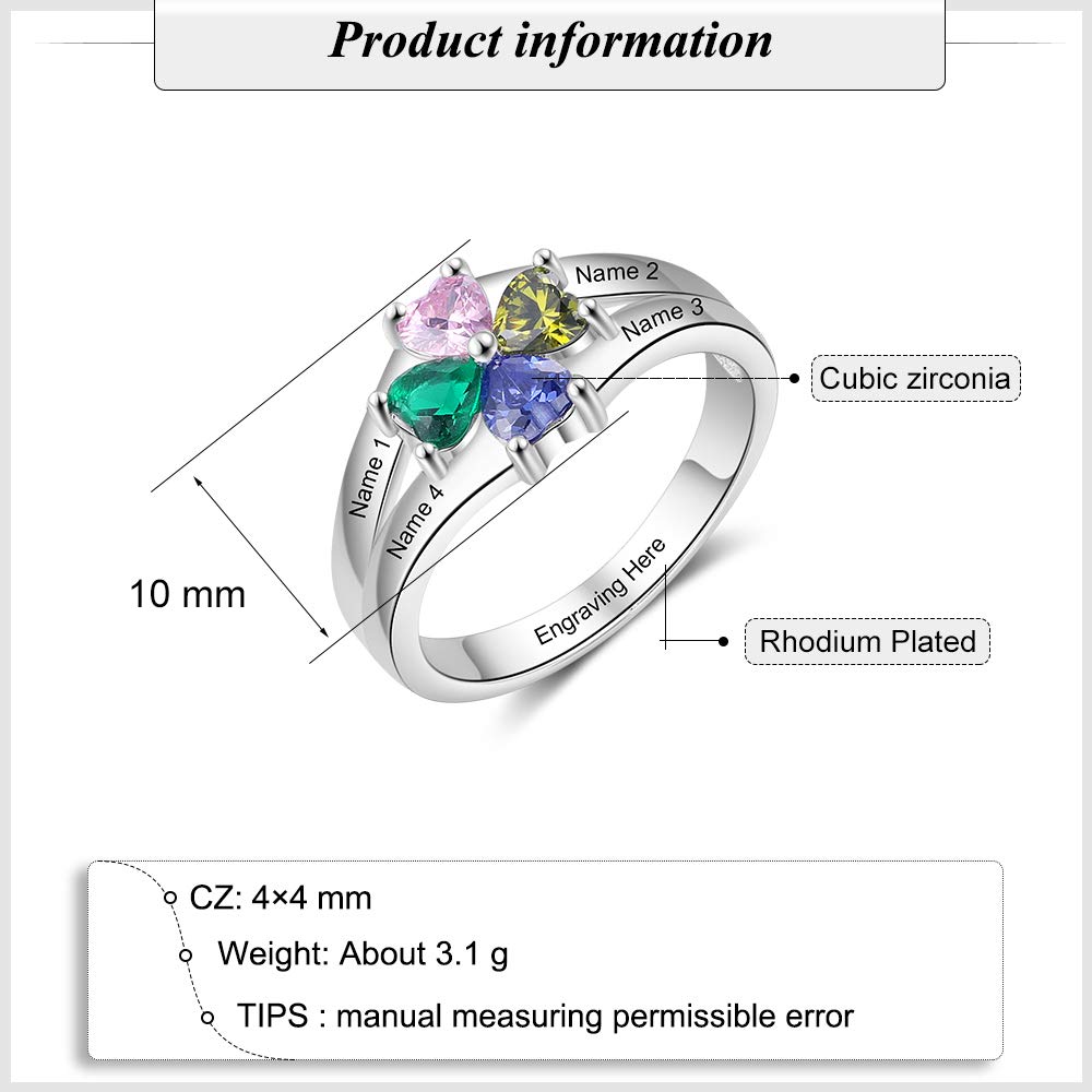 Personalized Mothers Ring with 4 Heart Simulated Birthstones and 4 Names Customized Family Rings for Women Promise Rings for Her (Size 8)