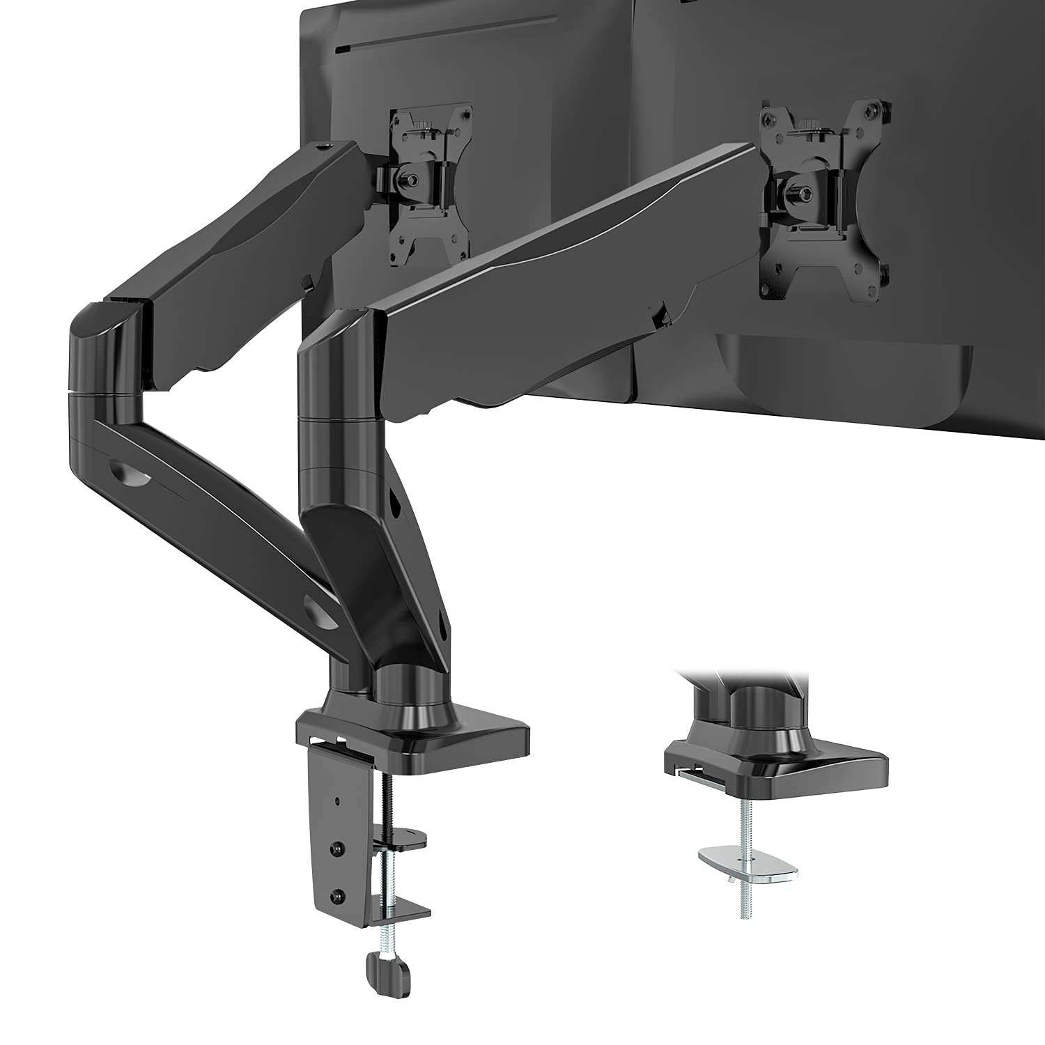 WALI Dual Monitor Stand Arms Mounts, for 2 Monitors, Fully Adjustable Gas Spring Desk Mount Swivel Mounting Holes Bracket with C Clamp, Grommet Base for Display Up to 32 Inch,19.8lbs. (GSMP002), Black