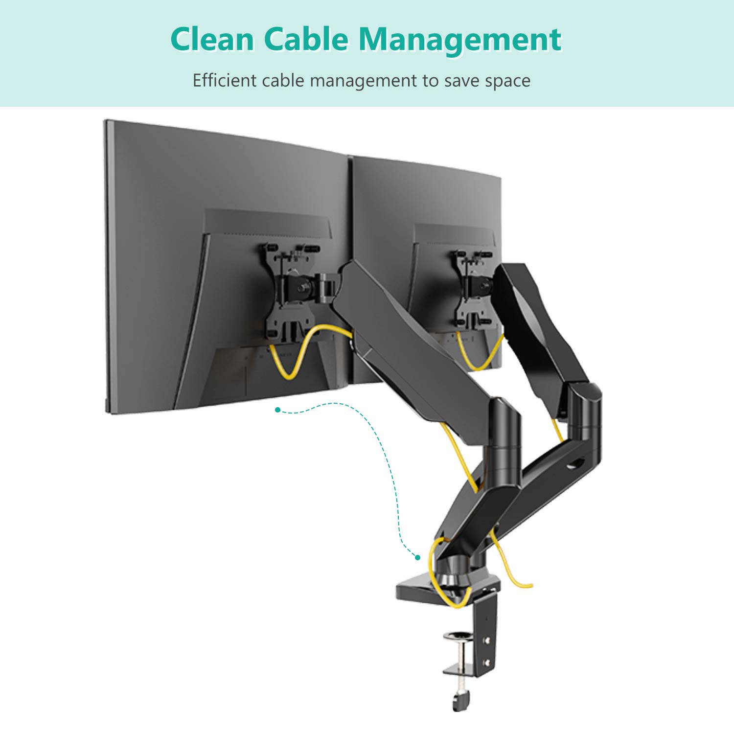 WALI Dual Monitor Stand Arms Mounts, for 2 Monitors, Fully Adjustable Gas Spring Desk Mount Swivel Mounting Holes Bracket with C Clamp, Grommet Base for Display Up to 32 Inch,19.8lbs. (GSMP002), Black