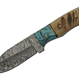 Szco Supplies 8.25" Ram Horn Handle Damascus Steel Turquoise Hunting Knife with Leather Sheath