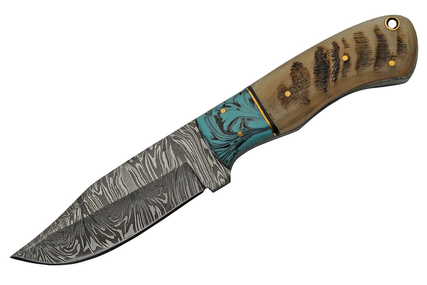 Szco Supplies 8.25" Ram Horn Handle Damascus Steel Turquoise Hunting Knife with Leather Sheath