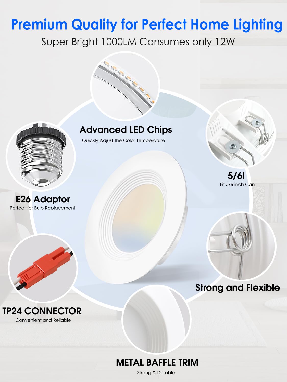 Energetic 5/6 Inch LED Recessed Lighting, 1000LM, 5000K Daylight Downlight, 12W=150W, Dimmable LED Can Light, Simple Retrofit Installation, IC & Wet Rated, FCC & ETL Listed, 12 Pack