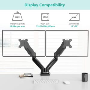 WALI Dual Monitor Stand Arms Mounts, for 2 Monitors, Fully Adjustable Gas Spring Desk Mount Swivel Mounting Holes Bracket with C Clamp, Grommet Base for Display Up to 32 Inch,19.8lbs. (GSMP002), Black