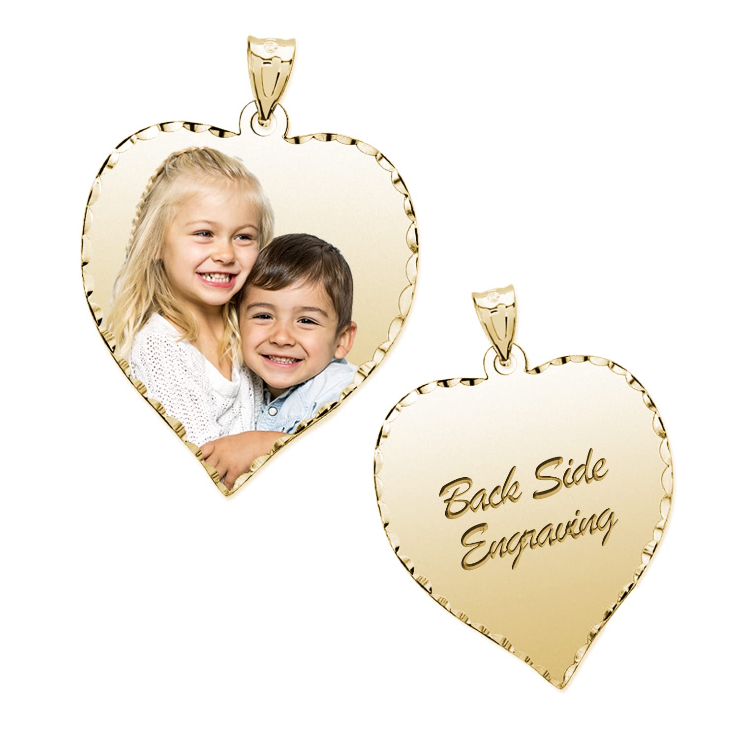 PicturesOnGold Personalized Photo Engraved Heart Shaped Picture Necklace with Diamond Cut Edge - 1 Inch x 1 Inch - 14k Yellow Gold w/Backside Engraving