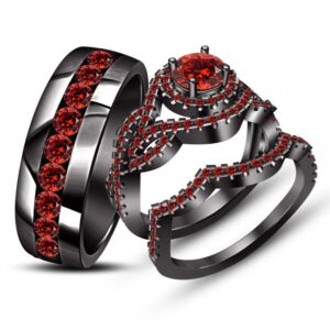 14k Black Gold Over Sterling Silver 1.2Ct Round Cut Red Garnet His-Her Trio Wedding Ring Set