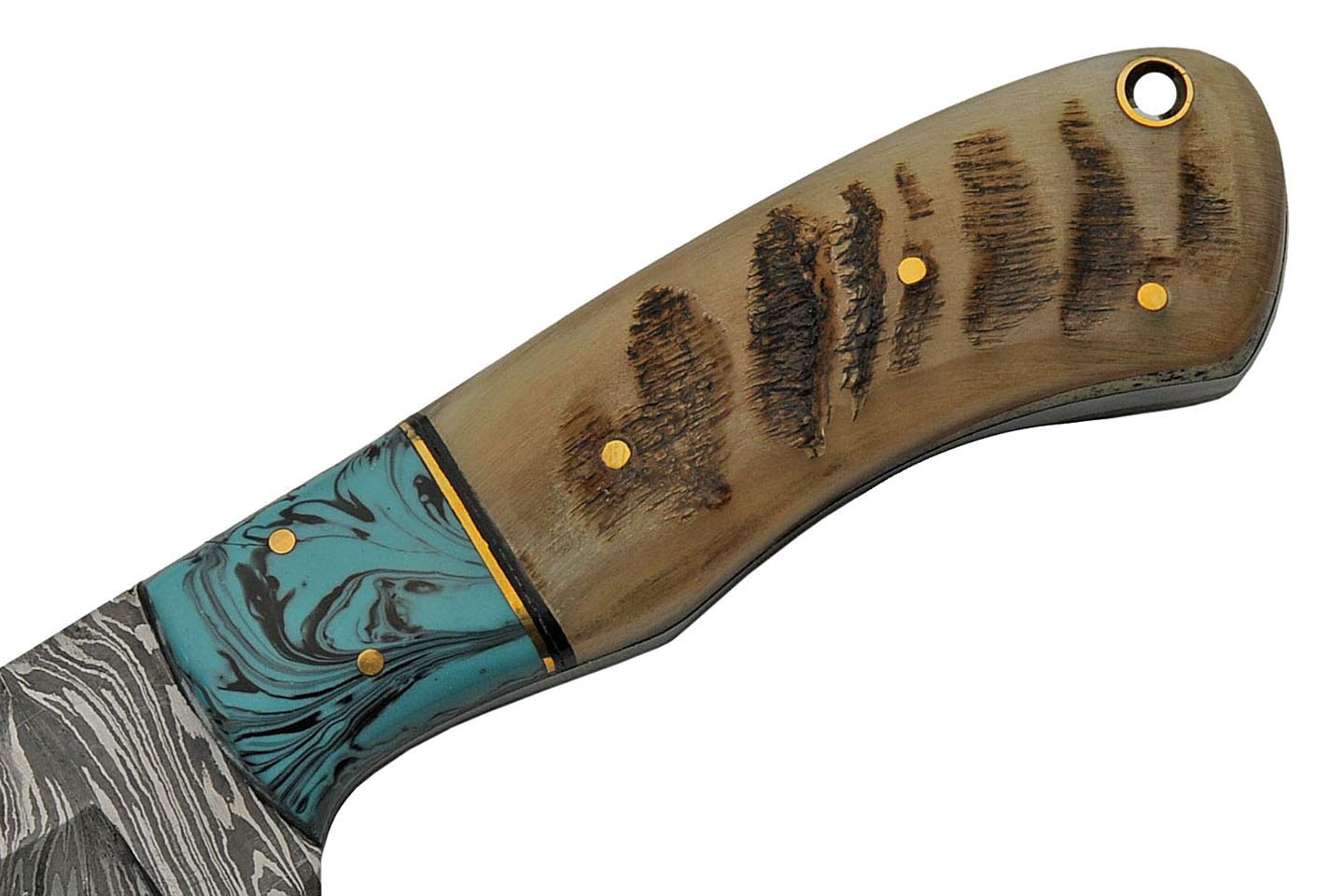 Szco Supplies 8.25" Ram Horn Handle Damascus Steel Turquoise Hunting Knife with Leather Sheath