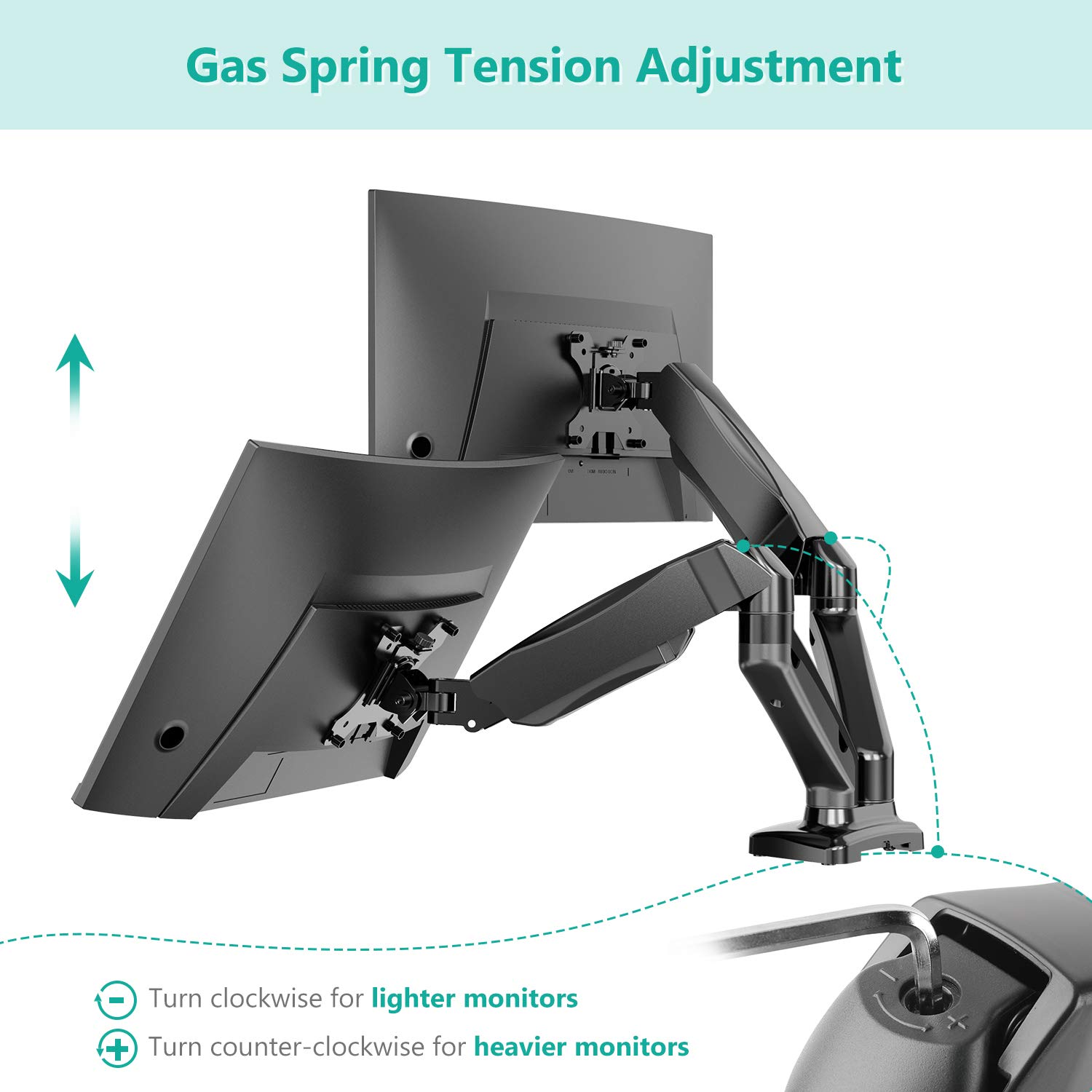 WALI Dual Monitor Stand Arms Mounts, for 2 Monitors, Fully Adjustable Gas Spring Desk Mount Swivel Mounting Holes Bracket with C Clamp, Grommet Base for Display Up to 32 Inch,19.8lbs. (GSMP002), Black