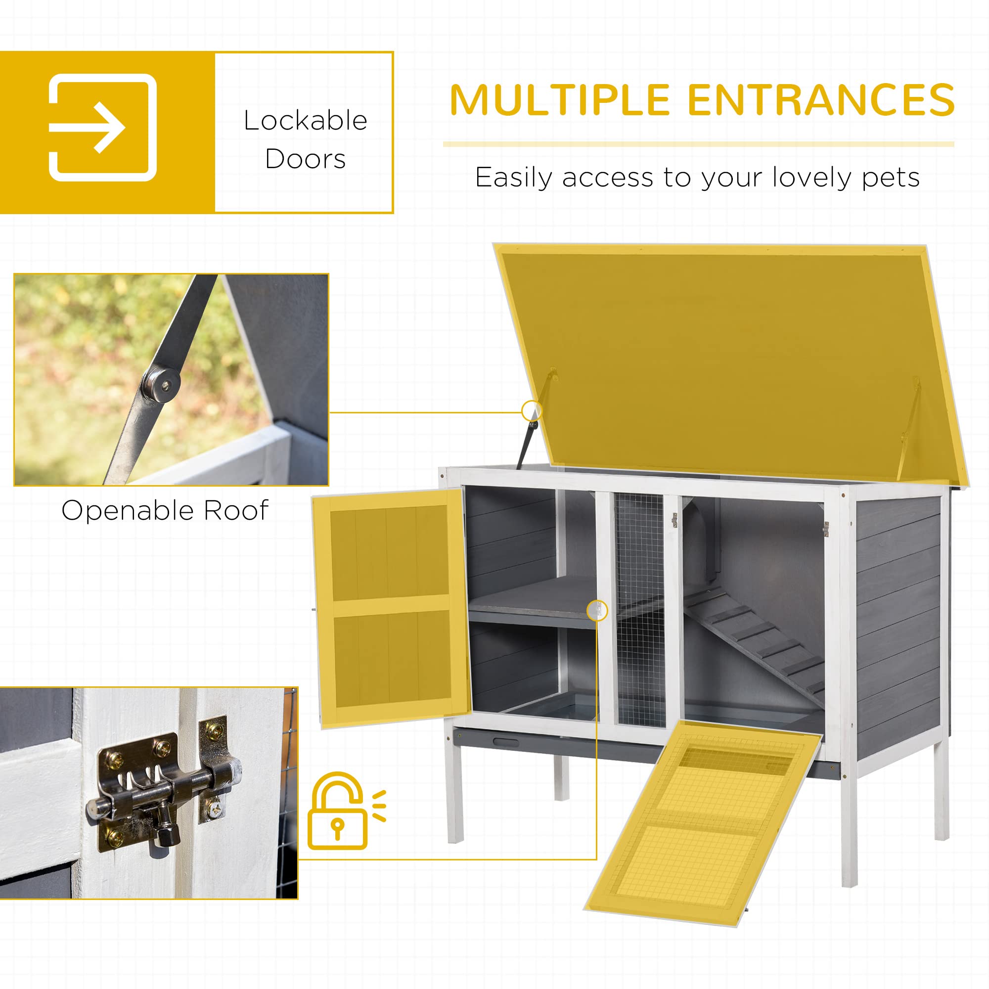 PawHut Rabbit Hutch Bunny Cage Small Animal Habitat with Ramp, Removable Tray and Openable Top, Inddor/Outdoor, Grey