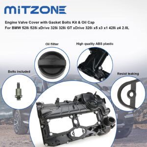 MITZONE N20 Engine Valve Cover with Gasket Bolts Kit, Oil Cap for BMW 2012-2018 528i 528i xDrive 328i 328i GT xDrive 320i x5 x3 X1 428i z4 2.0L Replace 11127588412