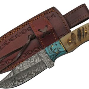 Szco Supplies 8.25" Ram Horn Handle Damascus Steel Turquoise Hunting Knife with Leather Sheath