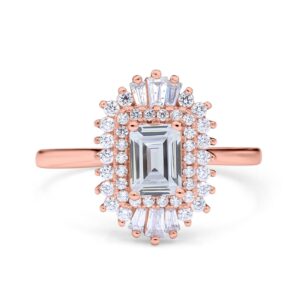 Blue Apple Co. Rose Tone, Simulatedd Cubic Zirconia Size-8 Emerald Cut Vintage Art Deco Halo Wedding Bridal Engagement Ring Baguette Simulated CZ 925 Sterling Silver