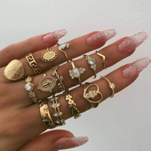 YOOESTORES82 Boho Knuckle Stackable Ring Set for Women,Vintage Gold Silver Rings Set Stacking Rings Set Star Moon Bulk Multiple Pack Midi Finger Rings (B)