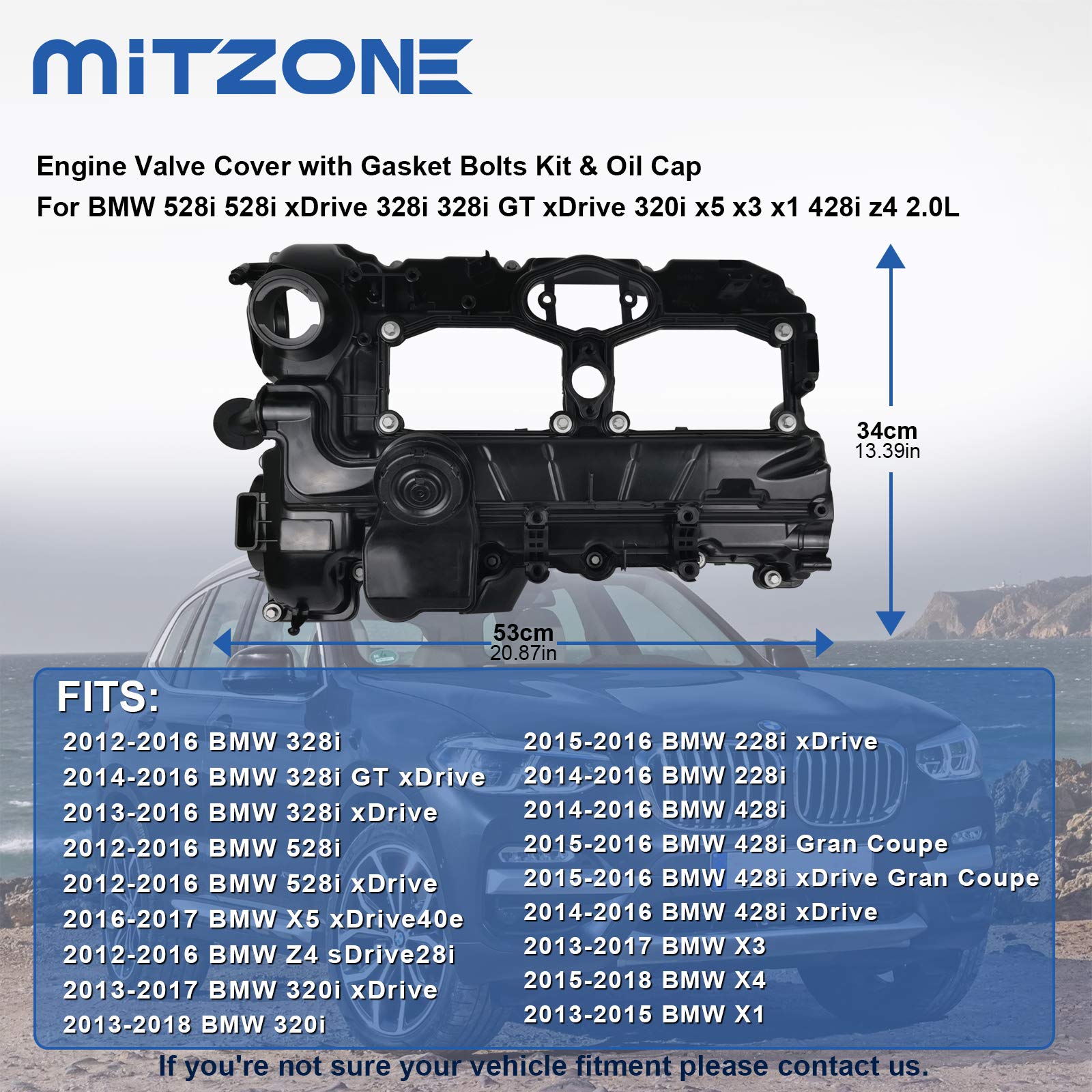 MITZONE N20 Engine Valve Cover with Gasket Bolts Kit, Oil Cap for BMW 2012-2018 528i 528i xDrive 328i 328i GT xDrive 320i x5 x3 X1 428i z4 2.0L Replace 11127588412