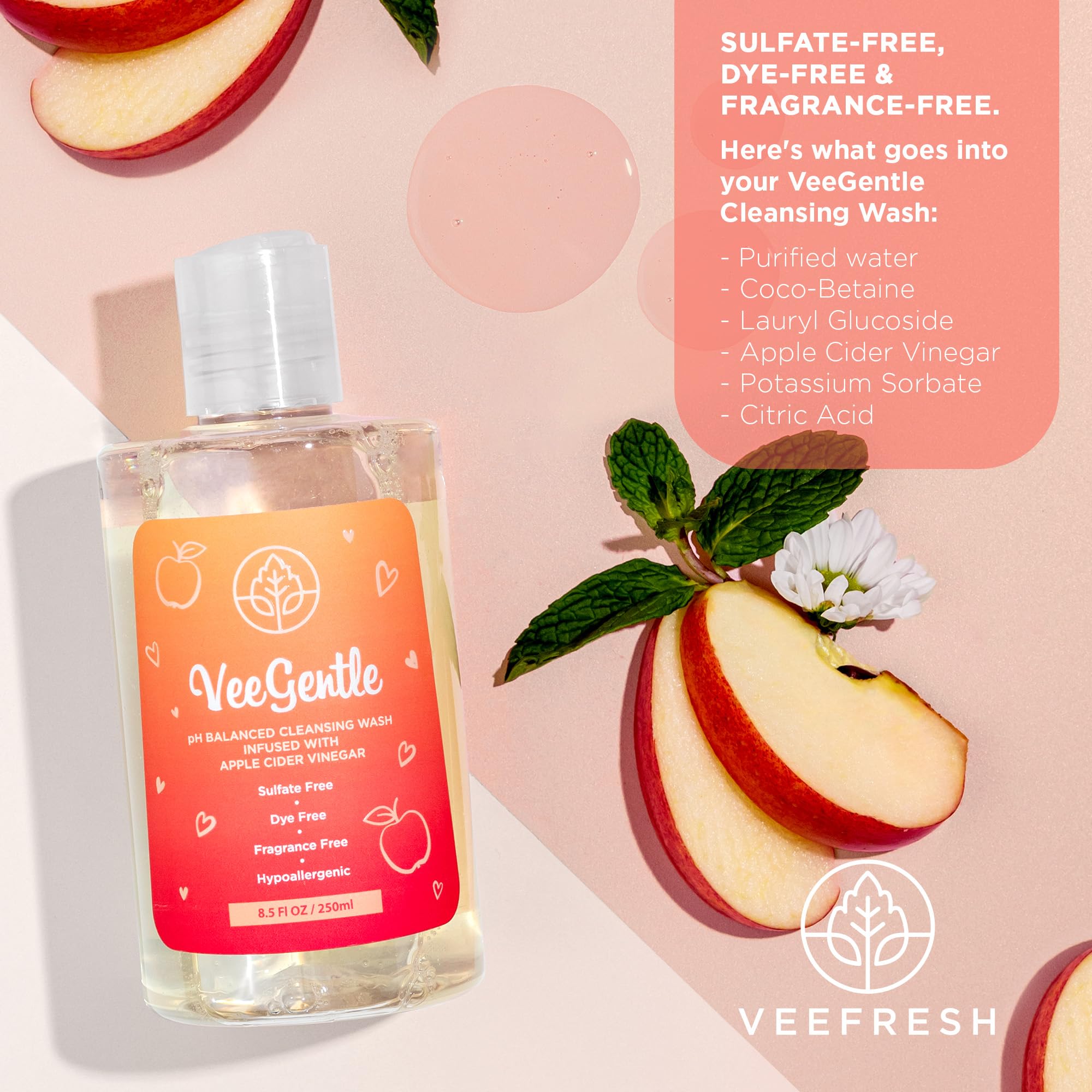 VeeFresh - VeeGentle pH Balanced Feminine Wash with Apple Cider Vinegar - Gentle, Soothing Vaginal Wash Cleanser, 250ml Intimate Soap for Women - Hypoallergenic Feminine Hygiene Wash for Odor Control