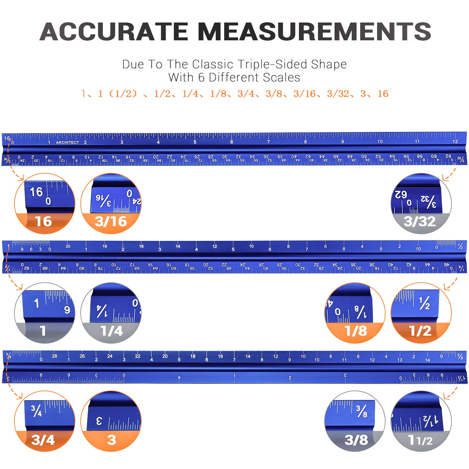 12" Architectural Scale Ruler Aluminum Architect Scale Triangular Scale Ruler for Architects, Draftsman, Students and Engineers, Blue