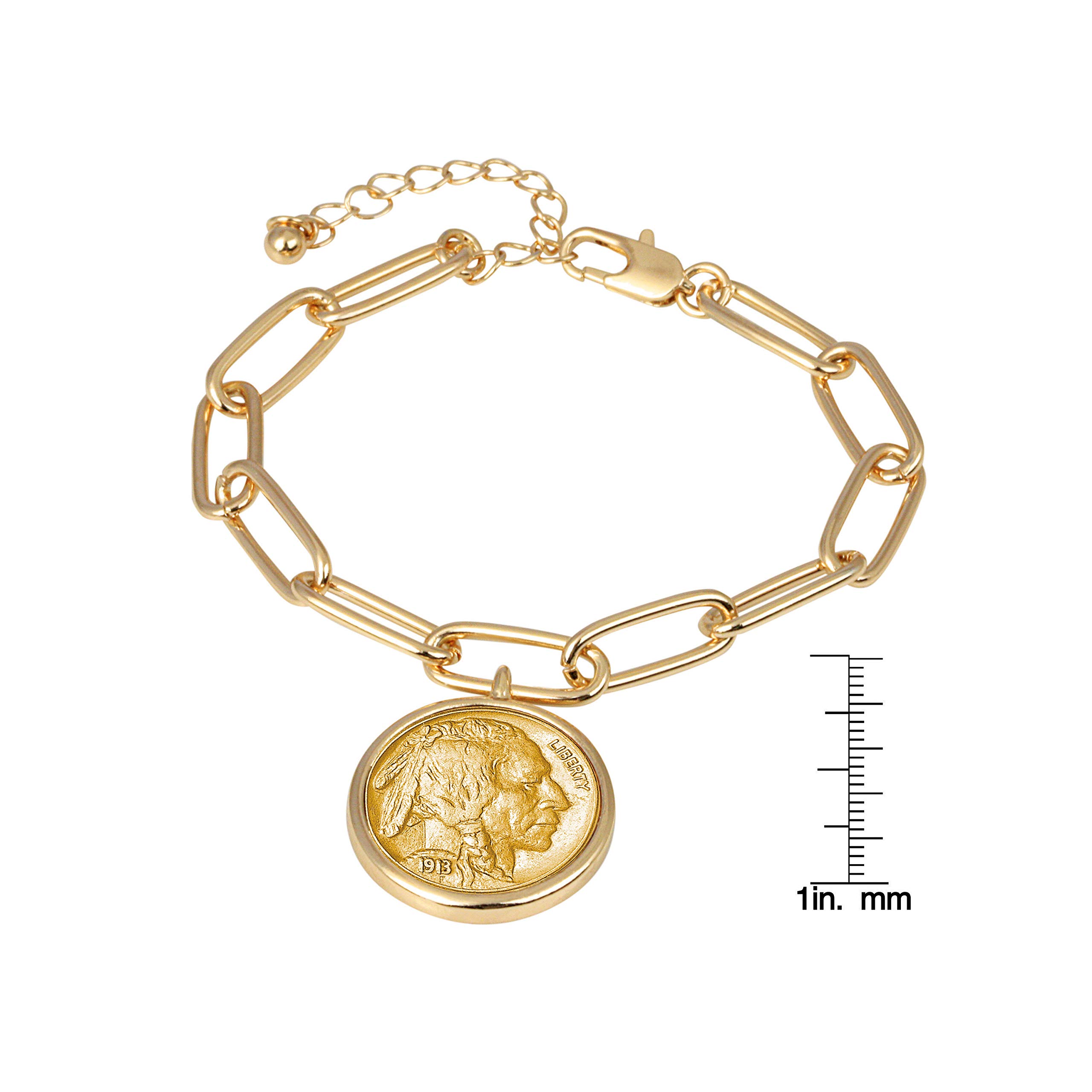 American Coin Treasures Buffalo Nickel Gold-Layered Coin Elongated Link Bracelet | Goldtone Clip Style | 7 Inch 3 Inch Extender with Lobster Claw Clasp | Certificate of Authenticity