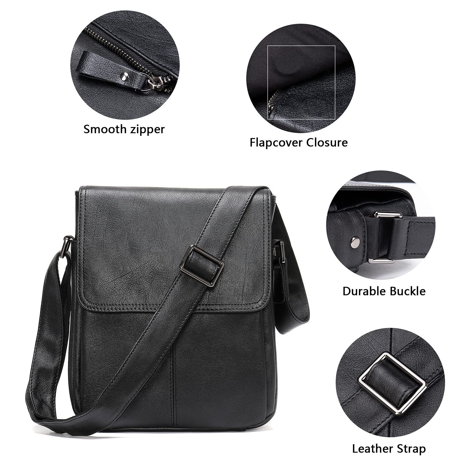 NIUCUNZH Man Purses and Bags, Mens Genuine Leather Messenger & Crossbody Bag with Leather Shoulder Strap Black