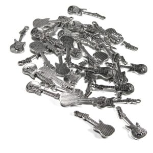 30 electric stringed guitar music instrument charms plated over a pewter base metal (antique silver)