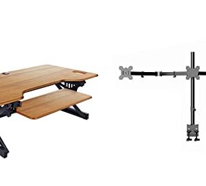 Rocelco 46" Large Height Adjustable Standing Desk Converter with Triple Monitor Mount BUNDLE - Sit Stand Up Computer Workstation Riser - Retractable Keyboard Tray - Teak Wood Grain (R DADRT-46-DM3)