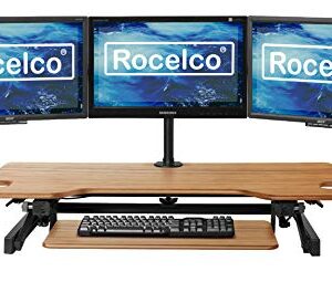 Rocelco 46" Large Height Adjustable Standing Desk Converter with Triple Monitor Mount BUNDLE - Sit Stand Up Computer Workstation Riser - Retractable Keyboard Tray - Teak Wood Grain (R DADRT-46-DM3)