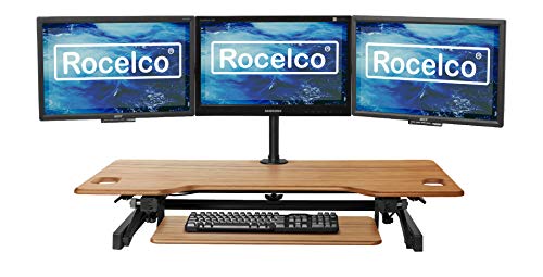 Rocelco 46" Large Height Adjustable Standing Desk Converter with Triple Monitor Mount BUNDLE - Sit Stand Up Computer Workstation Riser - Retractable Keyboard Tray - Teak Wood Grain (R DADRT-46-DM3)