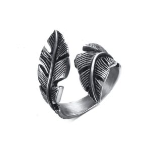 feather wrap ring for men women stainless steel black biker band vintage statement comfort fit leaf ring band mid finger knuckle dainty jewelry cool punk hypoallergenic size 7-12 (9)