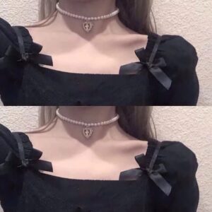 Pearl Choker Necklace with Heart Cross Pendant Y2k Gothic Grunge Fairycore Necklace Punk Vintage Aesthetic Pearl Collar Necklace for Women(Silver)