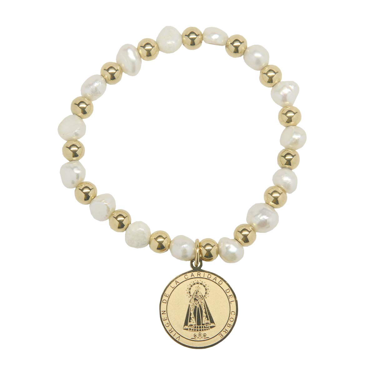 Virgen de la Caridad del Cobre Religious Catholic Bracelet with Stainless Steel Medal and Pearl Beads (SSBCOMPM-WG)