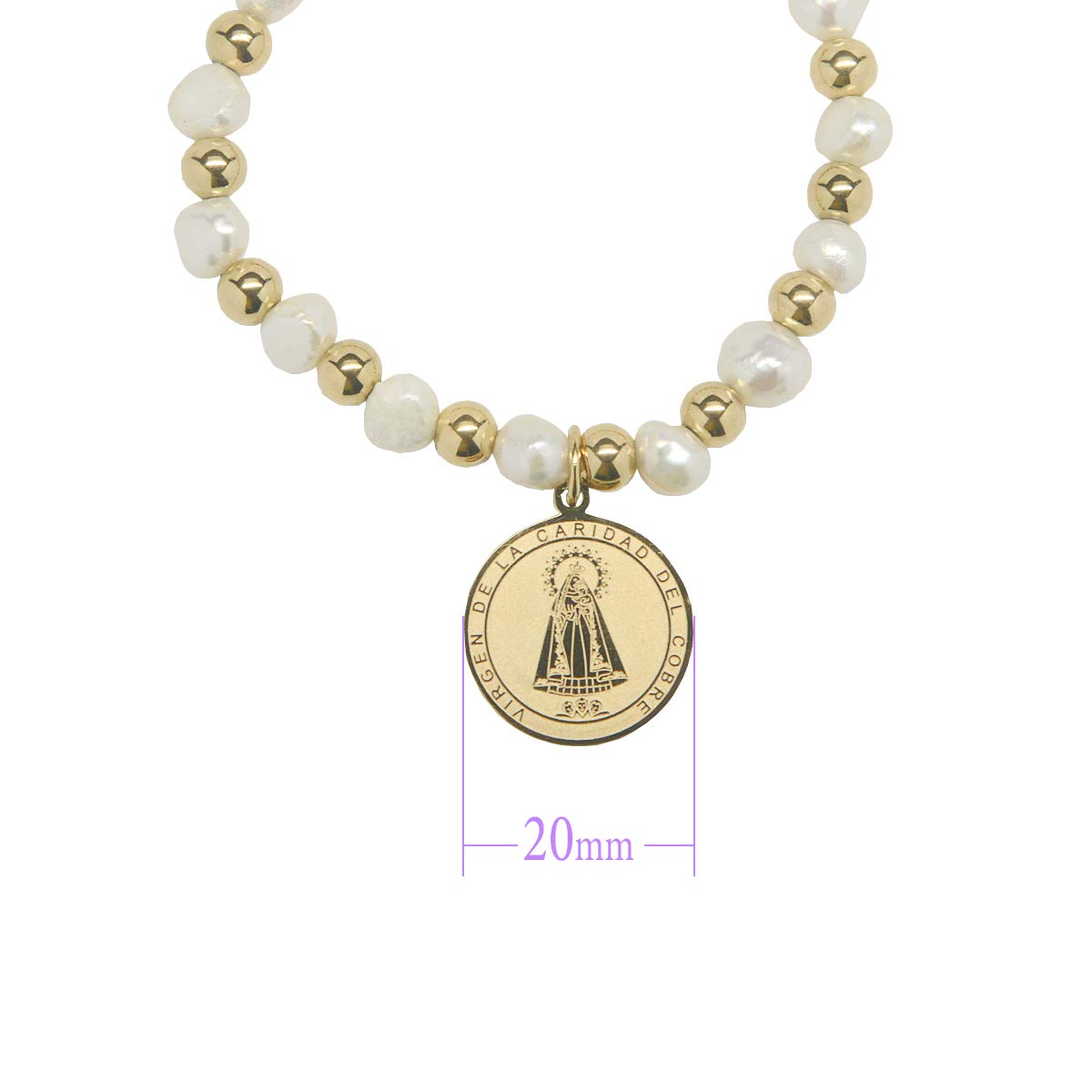 Virgen de la Caridad del Cobre Religious Catholic Bracelet with Stainless Steel Medal and Pearl Beads (SSBCOMPM-WG)