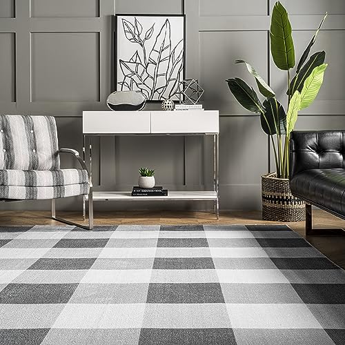 nuLOOM Lucy Machine Washable Farmhouse Buffalo Plaid Ultra Thin Area Rug, 3' x 5', Grey