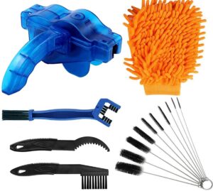 bike chain cleaner set bicycle cleaning brush tools kits washing set with sprocket scraper repair machine brushes mitt clean gear for mountain, road, city, hybrid, bmx, folding bike, motorcycle (6pcs)